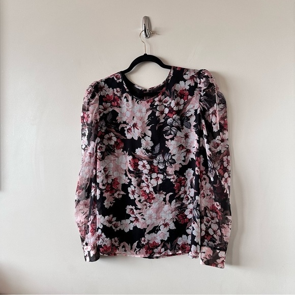 VINCE Camuto-Dark Floral Sheer Puff Sleeve Spring/Summer Blouse (Size:Large) - Picture 4 of 10